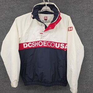 DC Shoes Jacket Mens Medium Red White Navy Hooded Anorak Colorblock 94 Logo